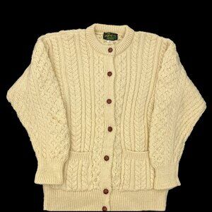 Latchfords Ireland Mens Sweater Small Cream Wool Chunky Cable Fisherman Cardigan